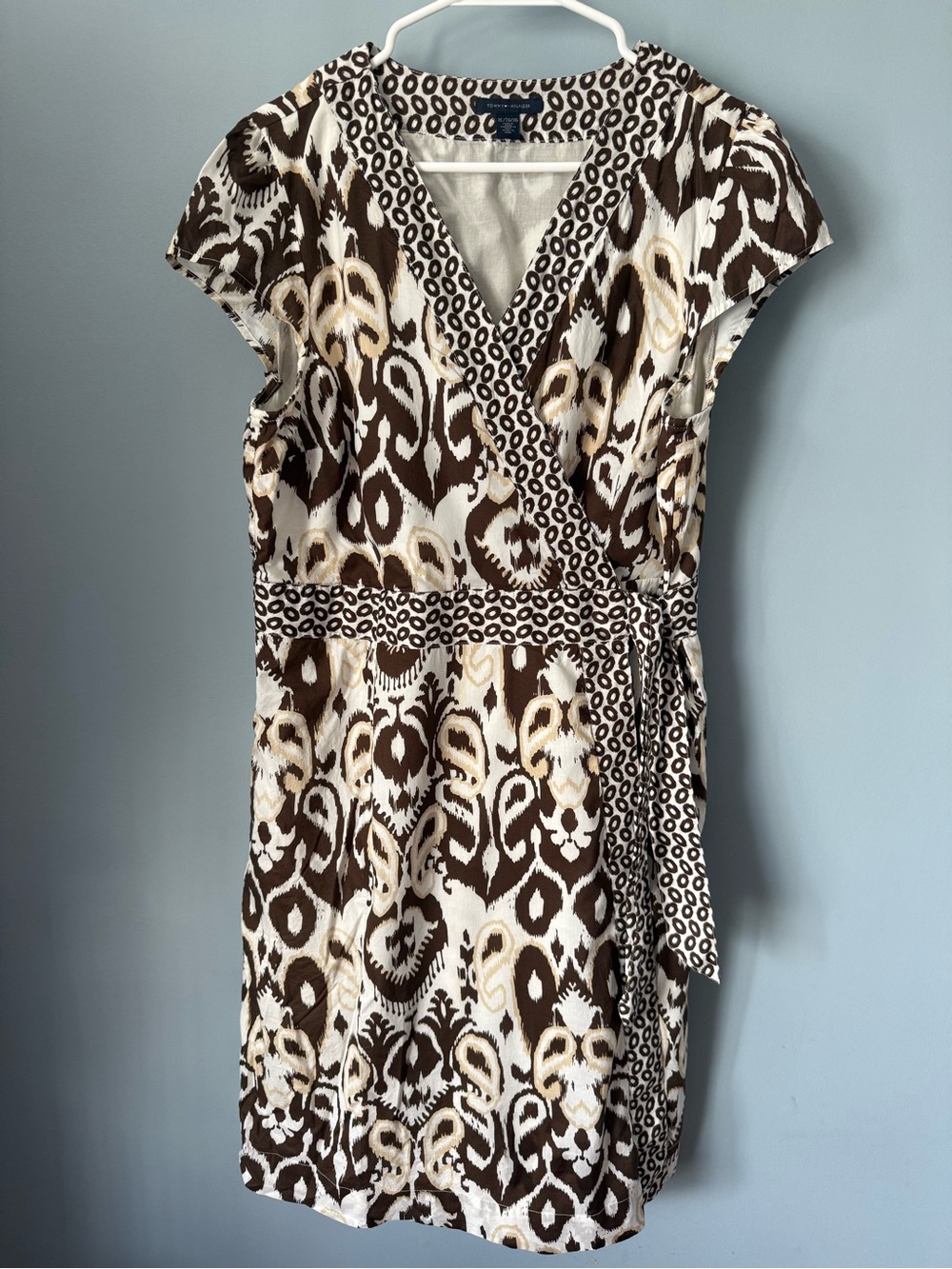 Tommy Hilfiger Womens Brown and Cream Wrap Dress with Patterned Waist Tie
